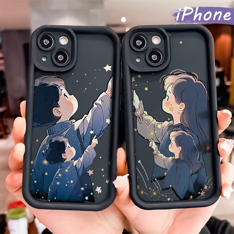 Berkilau Stars Couple Silicone Case iPhone 13 15 11 12 14 Pro Max XR X Xs Soft Polos Hitam TPU Tebal
