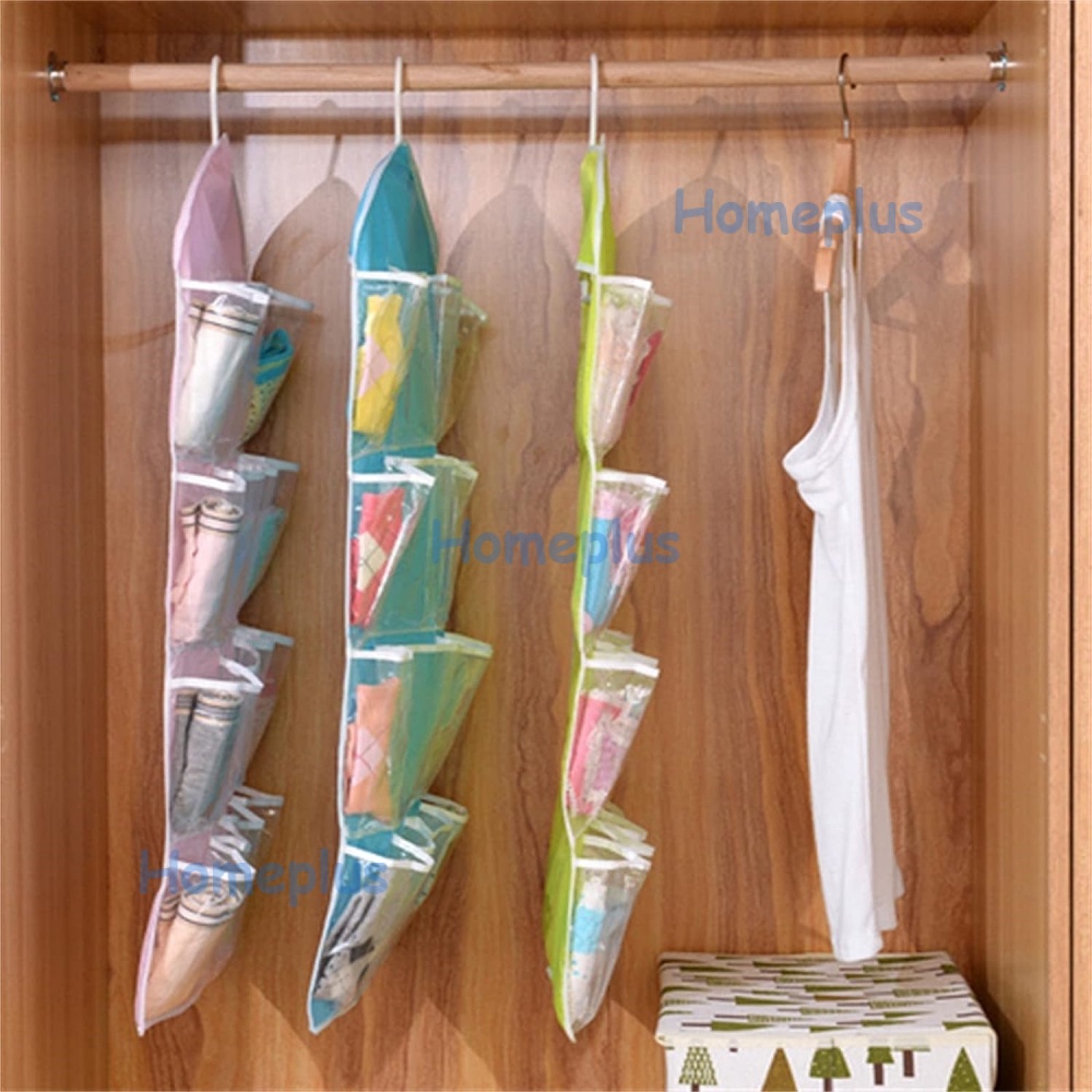 HomePlus Gantungan Organizer 16 Kantong Multi-Grid Lemari Pakaian Kaus Kaki Klasifikasi Tas 16 Kantong Hanger Organizer Sebaguna Pouch Korean