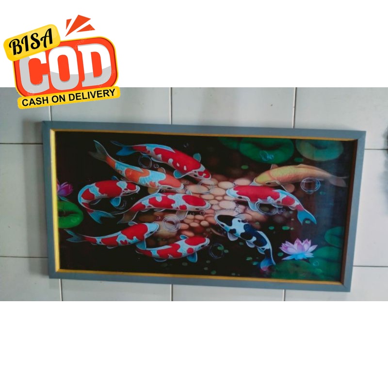 hiasan dinding lukisan cetak ikan koi laris plus bingkai ukuran 100×50