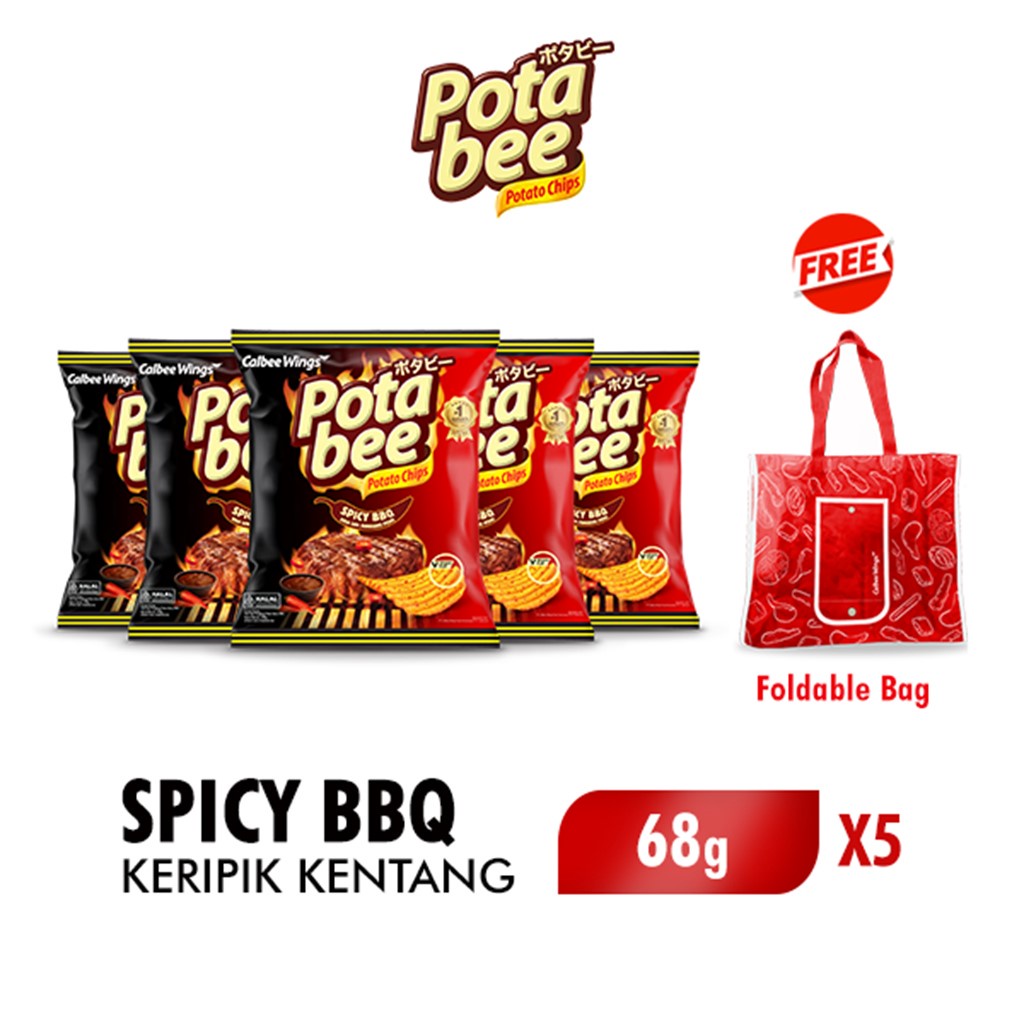

Potabee Sapi Panggang Pedas (Spicy BBQ) 68g x5 Free Foldable Bag