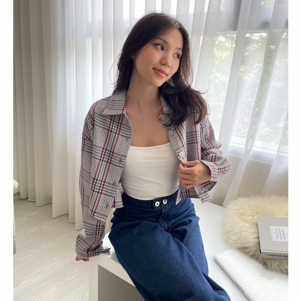 Kemeja Crop Wanita Lengan Panjang Plaid Crop Korean Shirt Kekinian - GREY, S