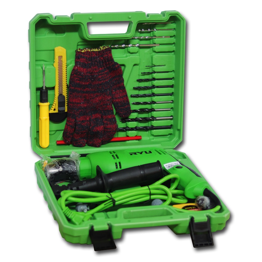 Ryu Tekiro Mesin Bor 13mm 13 mm Impact Drill Listrik Set, Mesin Bor Tangan Listrik bolak balik kompl