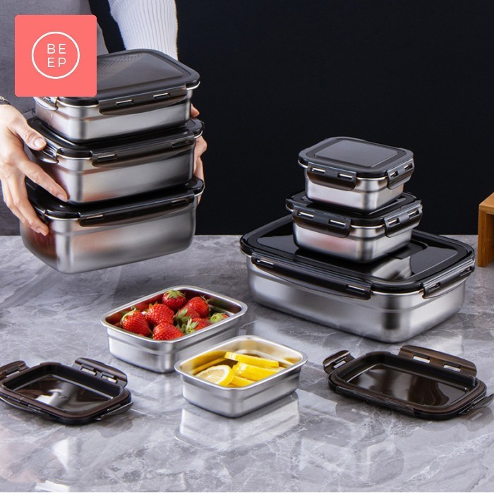 Kotak tupperware stainless foodgrade makanan penutup klip kedap udara