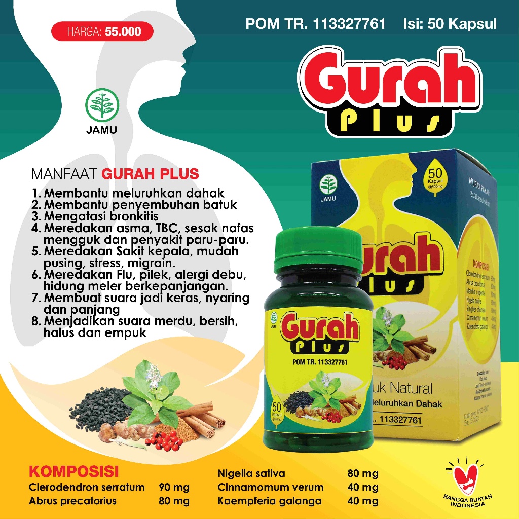 Kapsul Gurah Plus Makkata Herbal Obat Flu Batuk Bronkitis Sinusitis Asma TBC Menjadikan Suara Merdu 