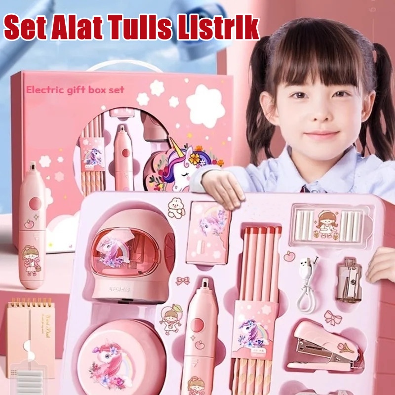 

11 in 1 Alat Tulis /Elektrik Rautan Penghapus Vacuum Pensil Anak Alat Perkakas Belajar Anak Perempuan Kado Electric Stationery Set