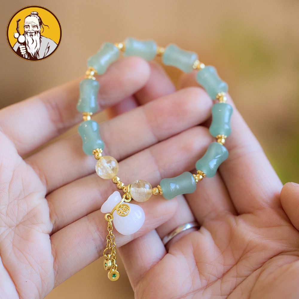 Gelang giok sutra emas alami, tas uang bambu hijau Tianshan gelang cincin tunggal