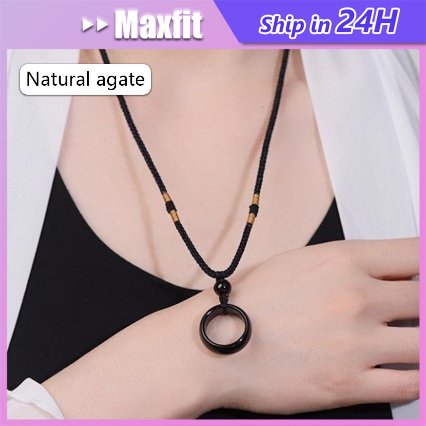 Kalung Tali Hitam Liontin Cincin Batu Akik Pria Wanita Adjustable Necklace
