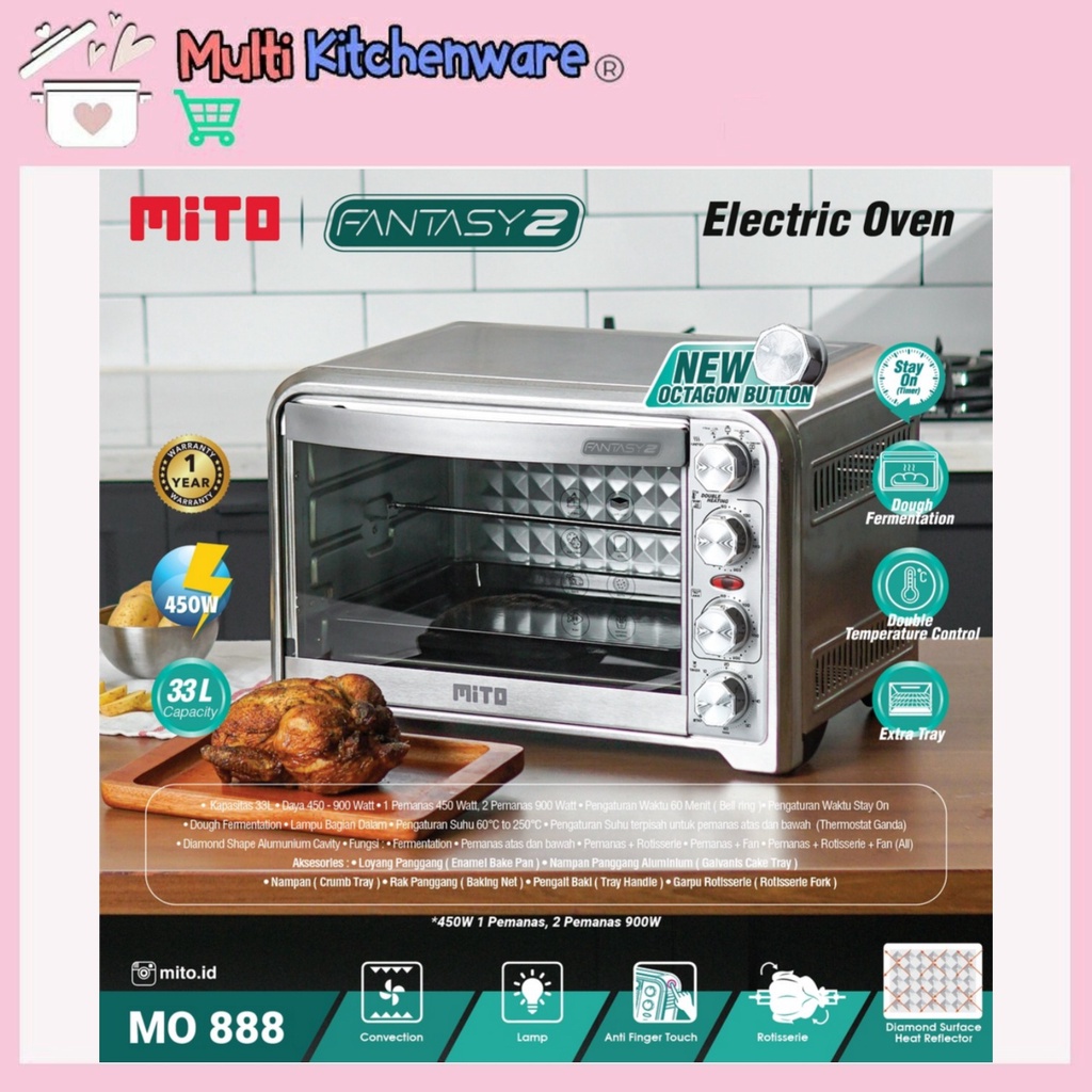 Oven Listrik Mito Fantasy 2 MO 888 33 Liter MO888 Low Watt Pemanggang Kue Roti Bolu