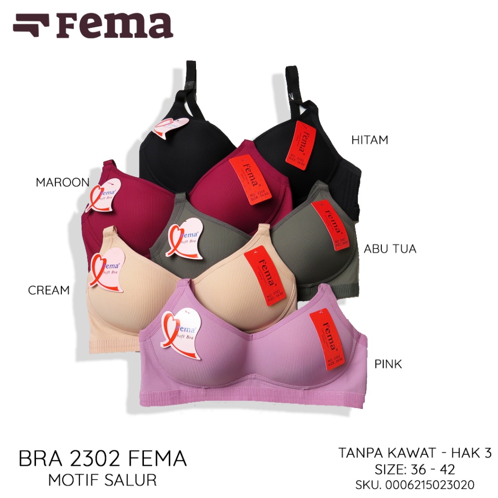 BRA FEMA TANPA KAWAT CUP C BUSA TIPIS KAIT 3 MOTIF SALUR size 36-42