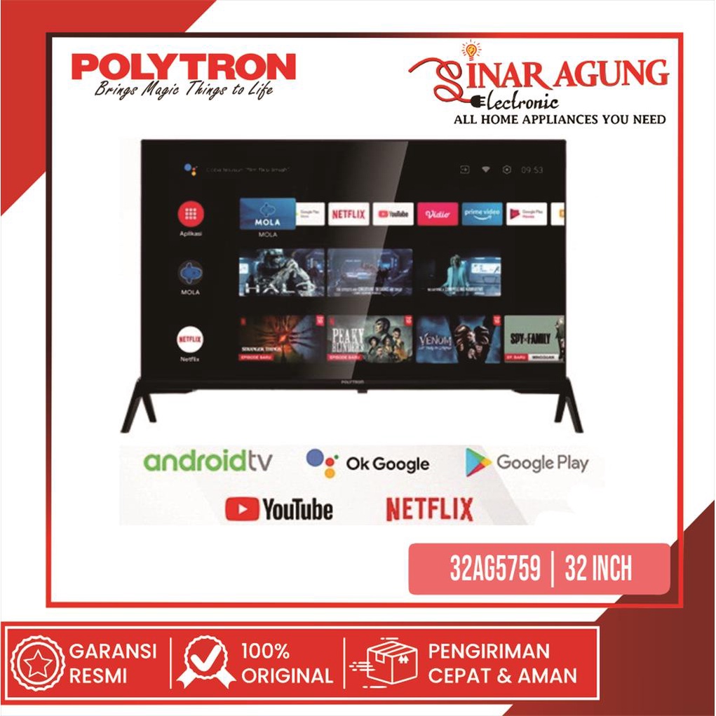 POLYTRON LED SMART ANDROID TV 32 INCH 32AG5759 GARANSI RESMI