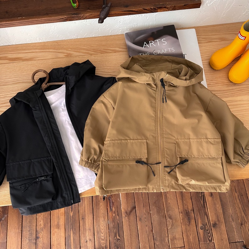 Jacket jaket hoodie tipis anak laki laki - water repellent anti air - polos -  brown coklat black hi
