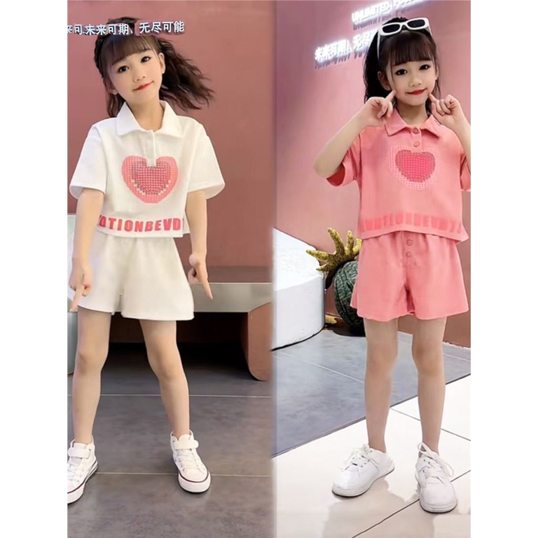 New Western style POLO shirt, two piece set of big children's shorts for women
