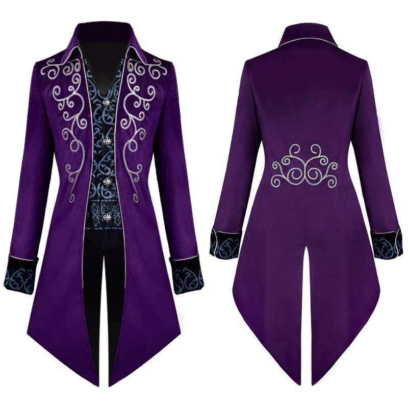 Men Steampunk Gothic Victorian Jacket Vintage Purple Velvet Tailcoat Meeval Frock Coat Uniform Renai