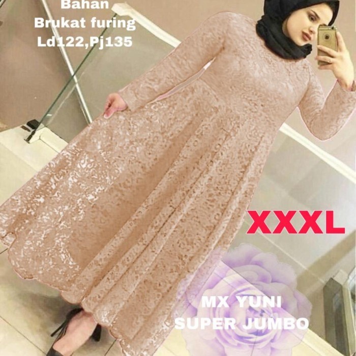 Toko88id - Maxy Brukat Dress Wanita Maxi Jumbo Baju Muslim Yuni XXXL - Cokelat