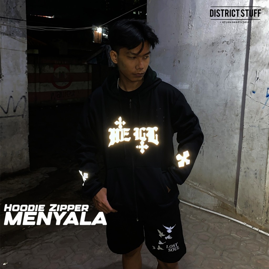 Hoodie Zipper Reflektif Hell Menyala Dalam Gelap Jaket Pria Wanita Cotton Fleece Premium