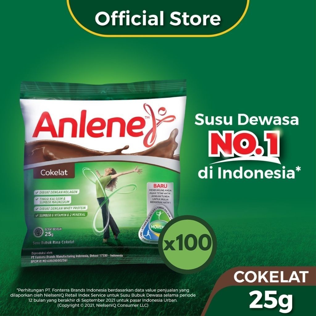 

Anlene Susu Bubuk Dewasa Sachet Coklat 25gr x 100 sachets - Nutrisi Tinggi Kalsium Untuk Tulang, Sendi, dan Otot