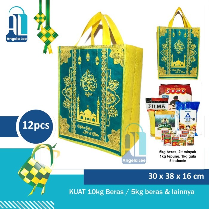 

12pcs Tas kain Spunbond Lebaran Paket Idul Fitri Ramadhan Syukuran THR - Hijau