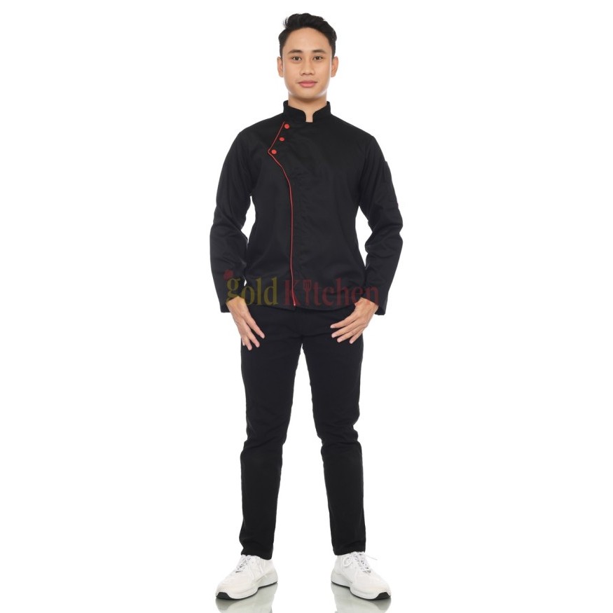 Baju Chef Baju Koki Chef Jacket Pria Wanita Lengan Panjang - Hitam, S