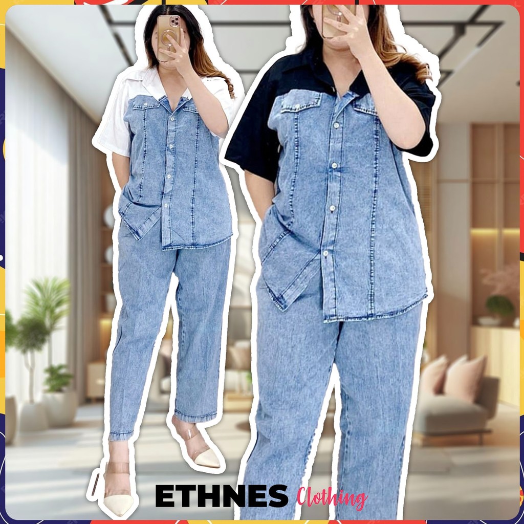 ETHNES Clothing • 44416 Setelan Wanita Kemeja Kombinasi + Celana Jeans Panjang Super Cantik dan Mewa