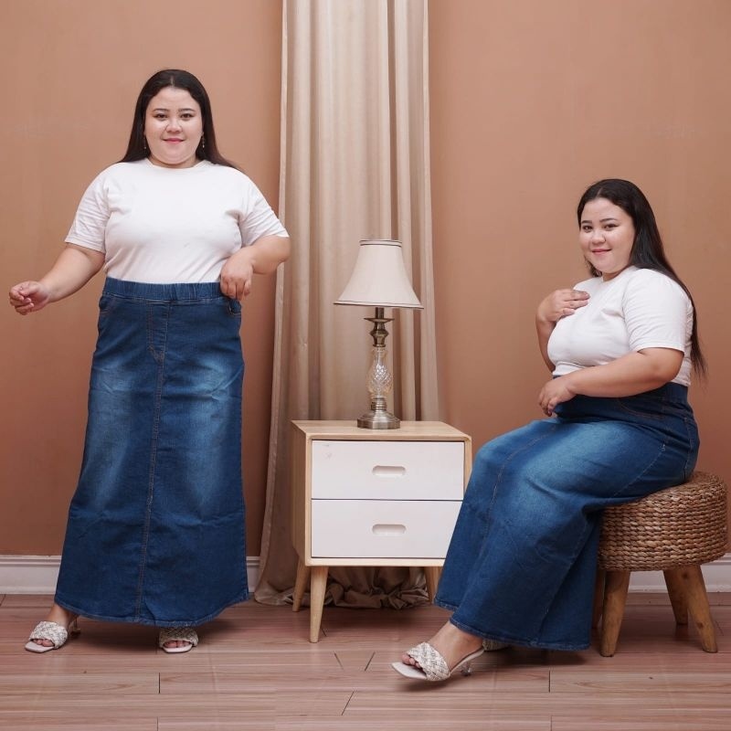 rok jeans panjang jumbo / rok panjang wanita pinggang full karet / rok span A-line panjang muat BB 4