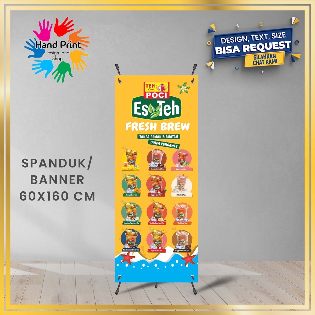 SPANDUK / BANNER Es Teh Poci Varian Rasa Warna Oren Minuman Segar Ukuran 60x160 Cm Outdoor Murah Ber