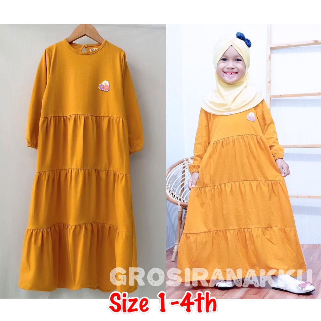 Baju Gamis Anak Perempuan Kaos  Aplikasi Bordir  Kuning Kunyit Setelan Dress Anak Cewek Murah kekini
