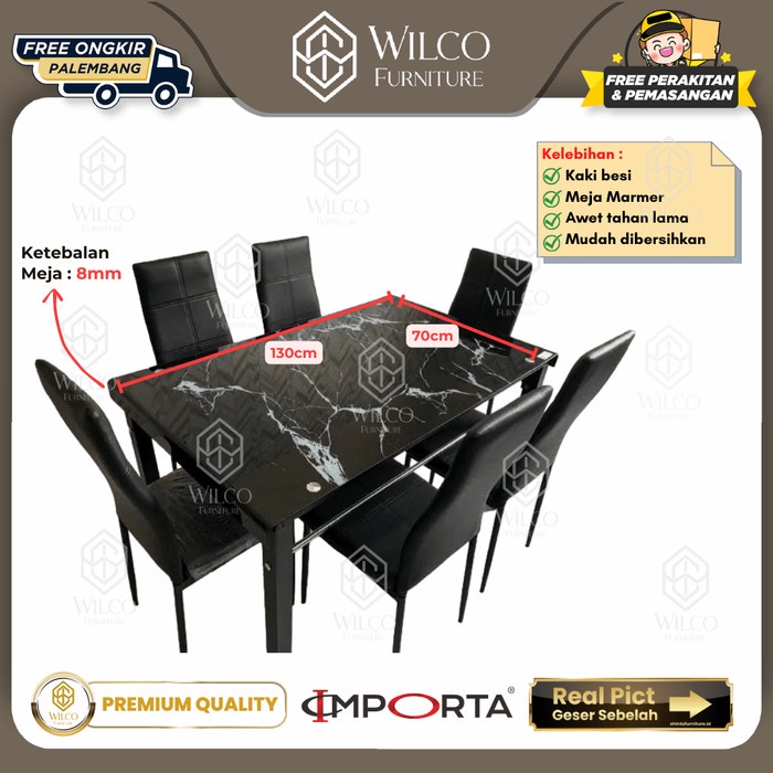 Meja Makan Hitam 6 Kusri Importa Pevita Hitam / Meja Makan Kaca PLG - 4 Kursi + Meja