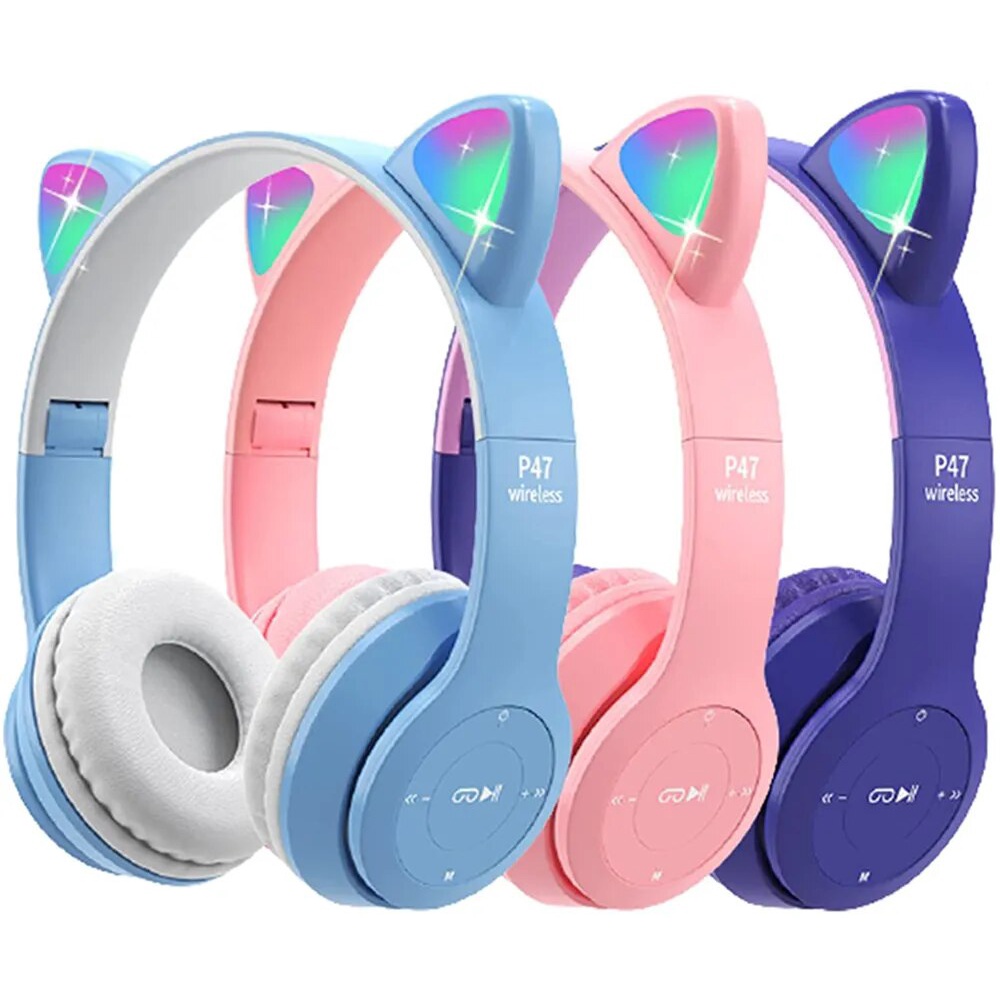 Headphone Nirkabel Telinga Kucing Lucu LED Bluetooth dengan Mikrofon Dapat Mengontrol Headset Ponsel