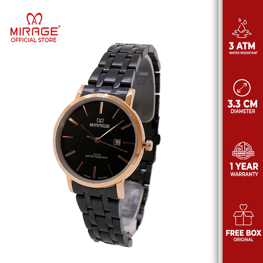 Jam Tangan Analog Wanita Mirage Original Tanggal Aktif Hitam Rosegold Mewah Classic Garansi Miragewa