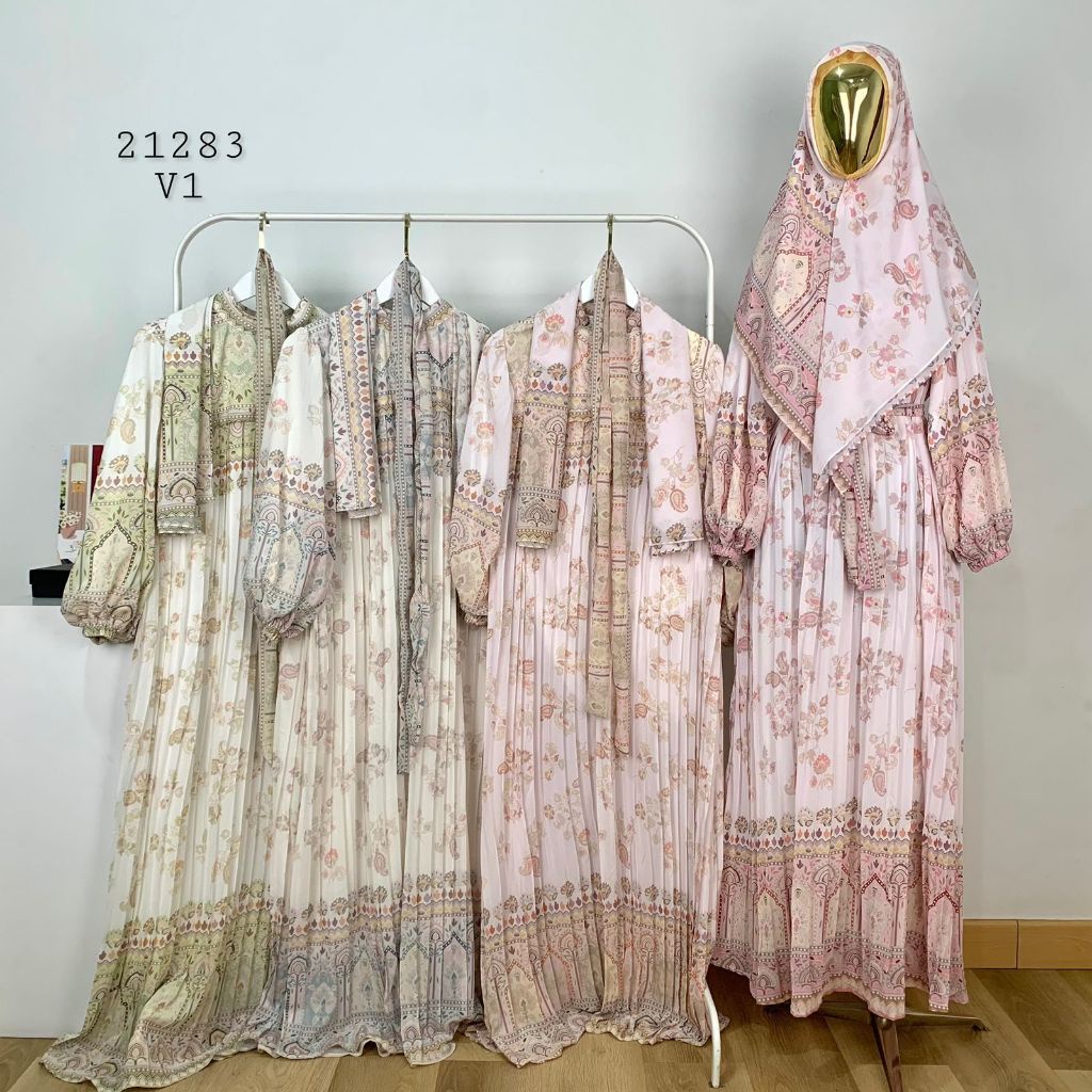 LONG MAXI PLISKET MEI JIE WANG VARIASI MOTIF FULL PRINT TIGA BUTTON DEPAN FREE OBY DAN SCARF PREMIUM