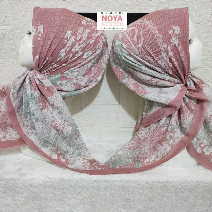 Hijab kerudung segiempat motif pink jilbab voal premium Lacercut
