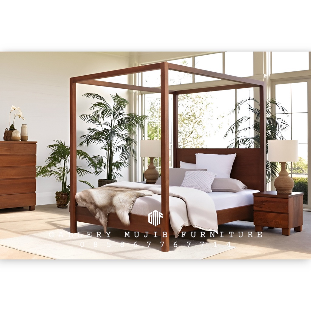 Set Tempat Tidur Kelambu Kayu Jati Minimalis - Dipan Kanopi + Nakas