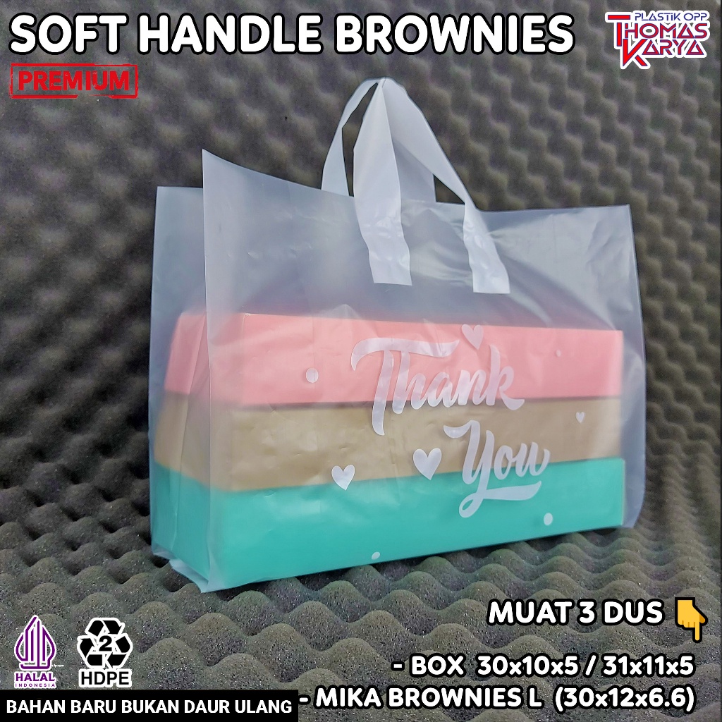 Kantong Plastik Soft Handle 33x30 muat Box Brownies isi 50 Tas Motif THANK YOU