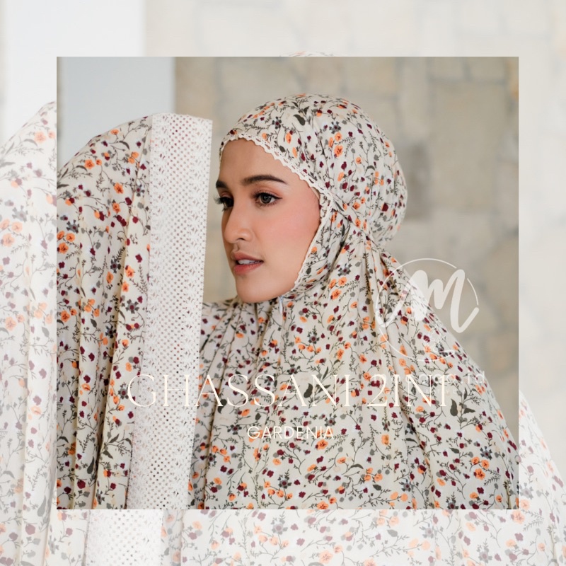 mukena dewasa jumbo 2in1 cream gardenia mocaca motif bunga kecil warna dasar cream rok coksu natural