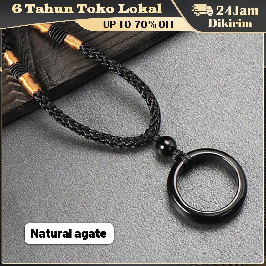 Kalung Tali Kulit Korea Hitam Liontin Cincin Titanium / Kalung Tali Hitam Liontin Cincin / Pria Wani