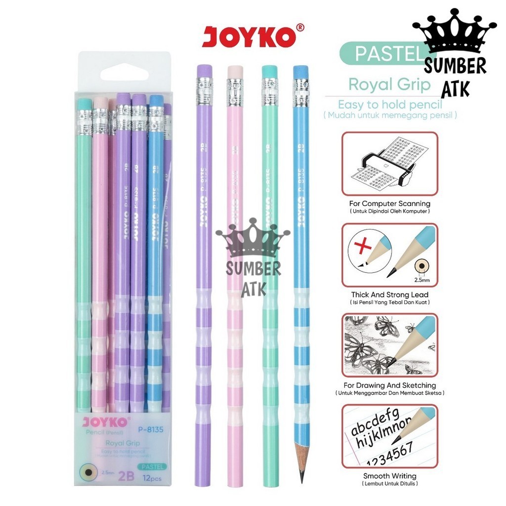 

Pencil Pensil Joyko P-8135 Royal Grip Pastel 2B With Eraser 1 Box 12 Pcs