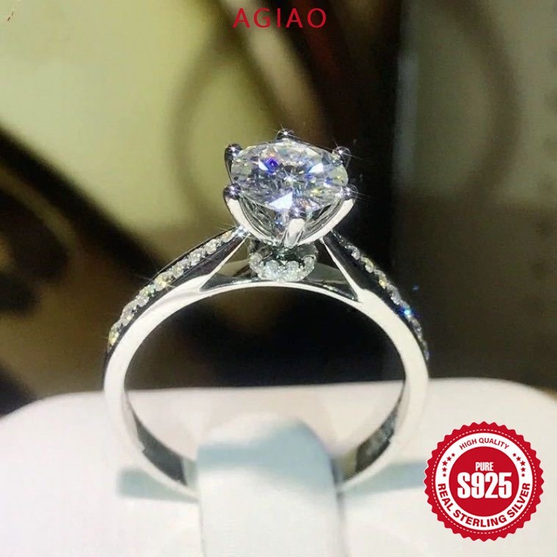 AGIAO Cincin Moissanite 2 Karat Pt950 Ring Kawin Mewah Cahaya Emas Putih