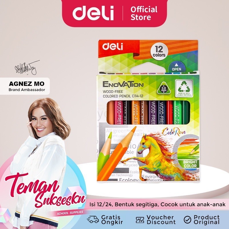 

Pensil Warna Deli 12 Warna Pendek Segitiga Wood-Free EC114-12 untuk Anak