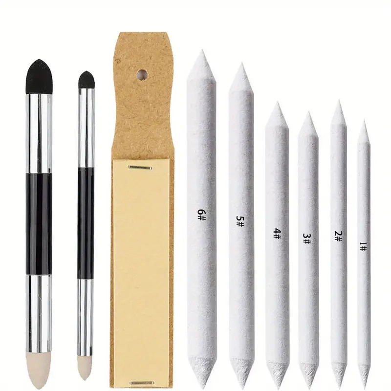 

Sketching Art Blenders Set - 9pcs, Premium Quality White Paper Stumps, Reusable Sponge Pens, Sandpaper Sharpener for Artist Draw
