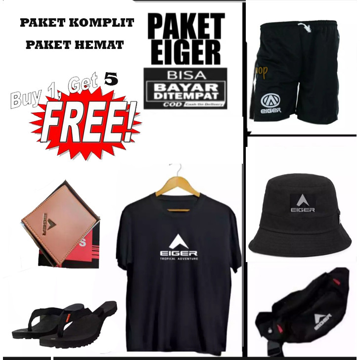 PROMO BIG SALE paket hemat kaos + topi + tas slempang / kaos distro pria / dompet / topi buket eiger