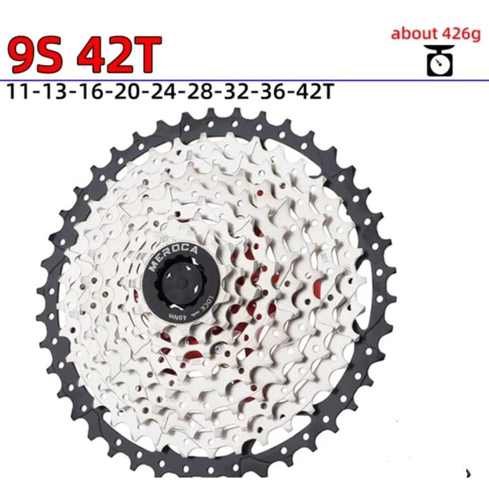 MEROCA Sprocket Cassette Gear Gir 9 Speed 9S Wide Ratio 11-42T, Upgrade Performa Sepeda Kesayangan A