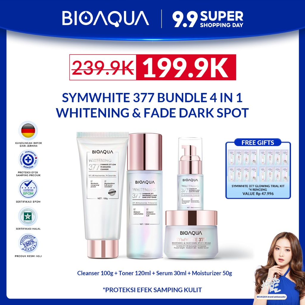 BIOAQUA SymWhite 377 Whitening & Fade Dark Spot Paket Skincare Set With Flek Hitam Serum Wajah Glowi