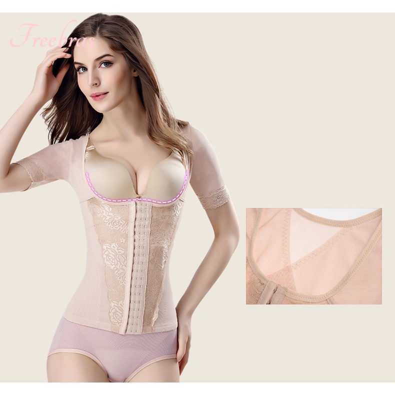 Wanita Lengan Korset Pendek Perut Postpartum Tiga Kancing Shapewear Korset Munafie Pelangsing Korset Perut