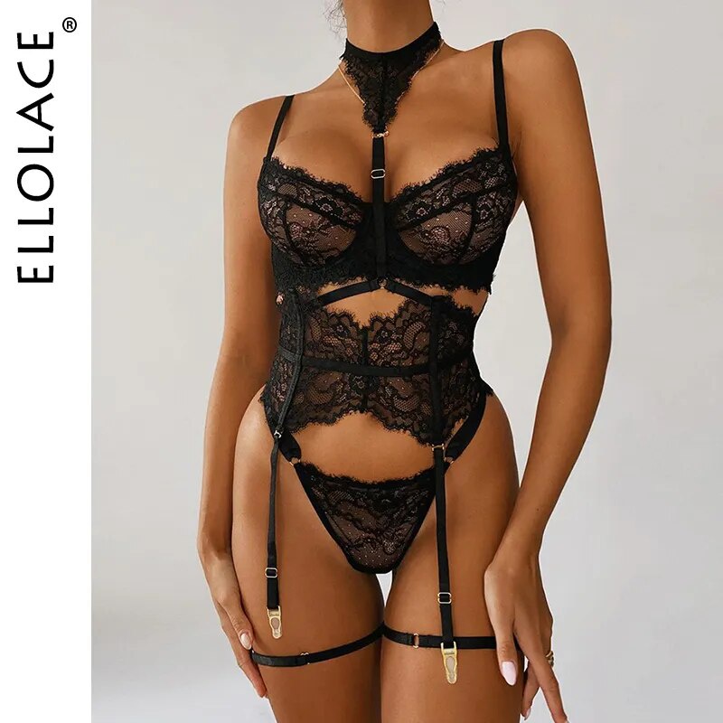 Pakaian Dalam Ellolace untuk Lingerie Seksi Pelacur Setelan Pelacur Renda Bra Transparan 3 Buah Thon