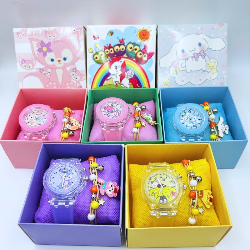 【Set Kado】  jam anak tk perempuan Jam Tangan Anak unicorn Fashion Baru Warna LED Bercahaya Jam Tangan Kartun Gadis Berkilau