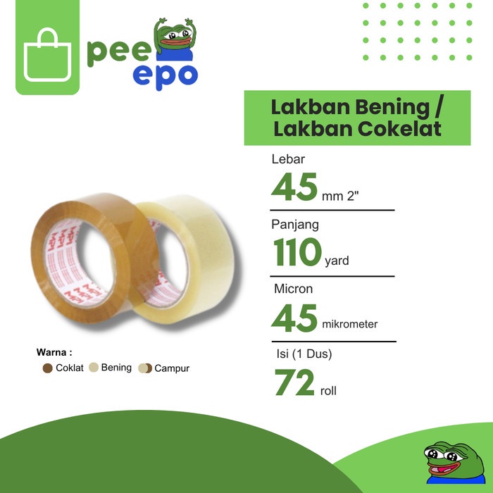 

Lakban Bening / Lakban Cokelat 45 mm x 110 Yard MPI 1 Dus isi 72 Roll
