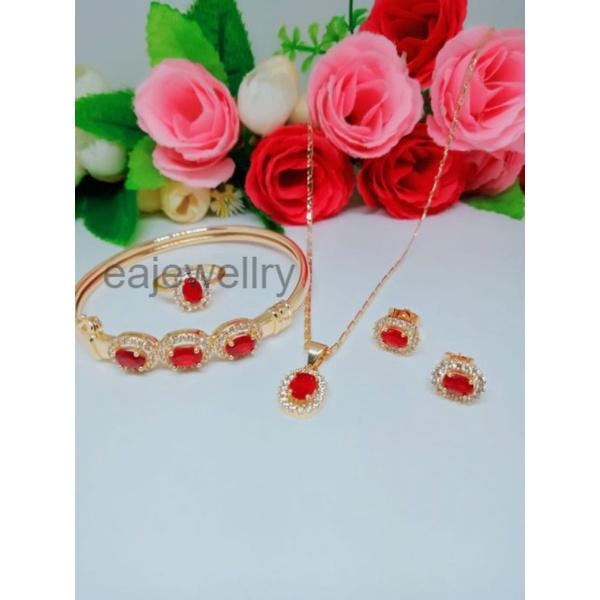 Perhiasan emas satu set permata merah asli 24k untuk dewasa simple elegan
