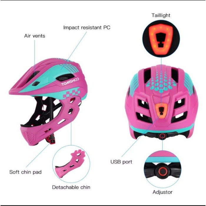 Helm anak tomshoo full face pushbike balance push bike sepeda bmx - Merah Muda, Helm+busa 1cm
