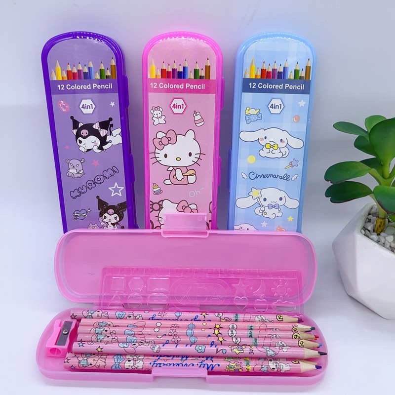 

4in1 Pensil Warna 12 set rauan penggaris tempat pensil warna isi 12 sanrio set pensil warna sanrio box