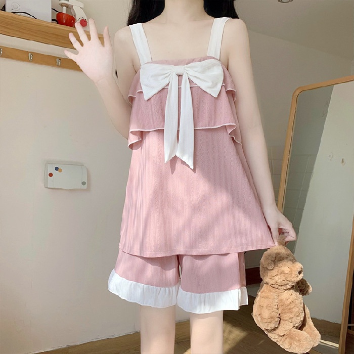 LaSurvie SET PIYAMA BAJU TIDUR IMPORT MODEL TANKTOP LAYER PITA DEPAN CANTIK LENGAN TALI CELANA PENDE